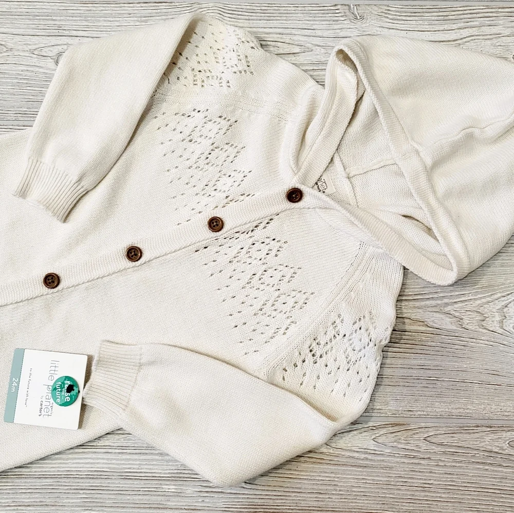 NWT Little Planet Carters Baby Coverall Sz 24 Mo Ivory Organic Pointelle Knit - Picture 2 of 5